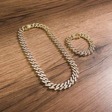 Set Cadena y Brazalete Cuban Prong Bronce Gold 18k